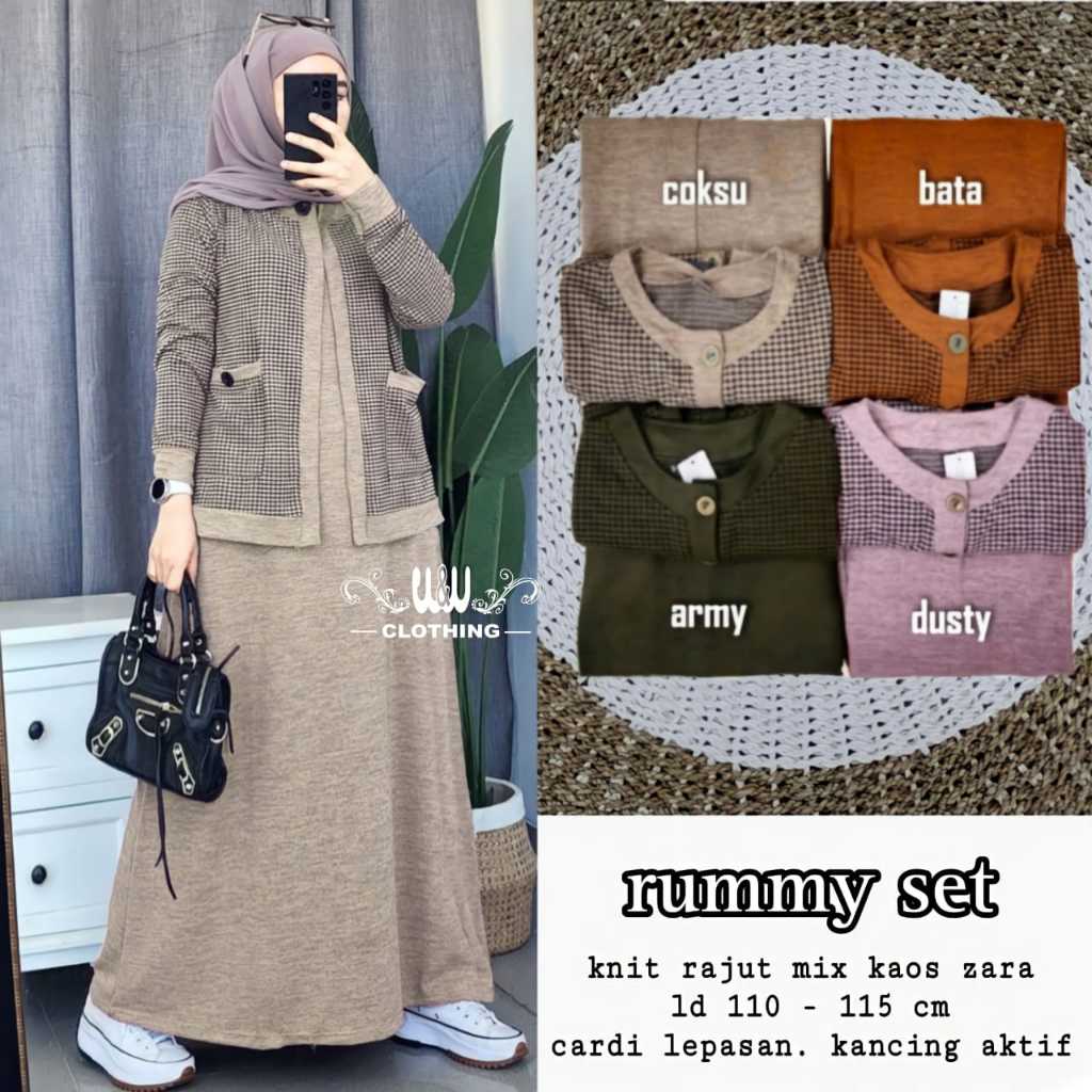 Rummy Set Setelan Gamis Cardi Outer Rajut Original W&W Clothing Bahan Knit Rajut Mix Kaos Zara Premi