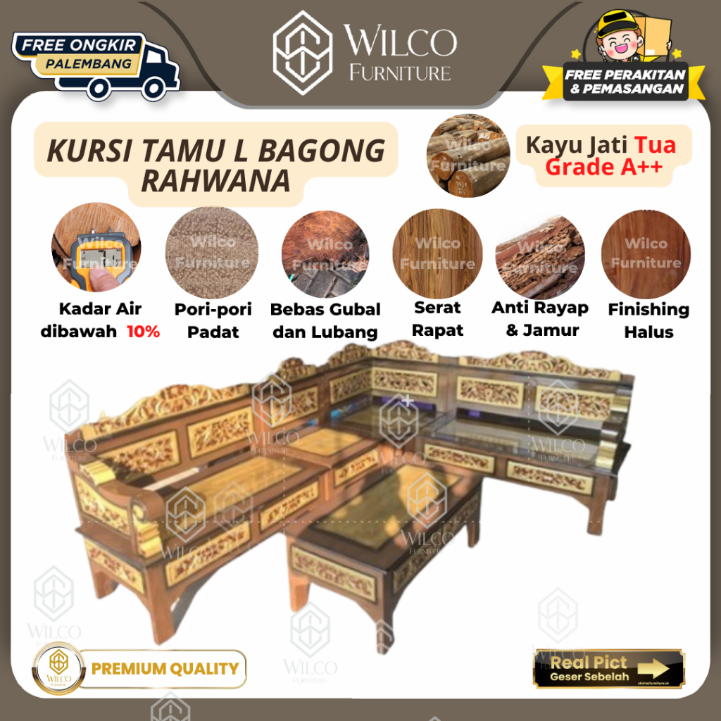 Kursi Tamu L Jati Jepara Rahwana Bagong | Sofa L Sudut Jati Jok + Meja | Kursi Sudut Ukir Jati Kursi