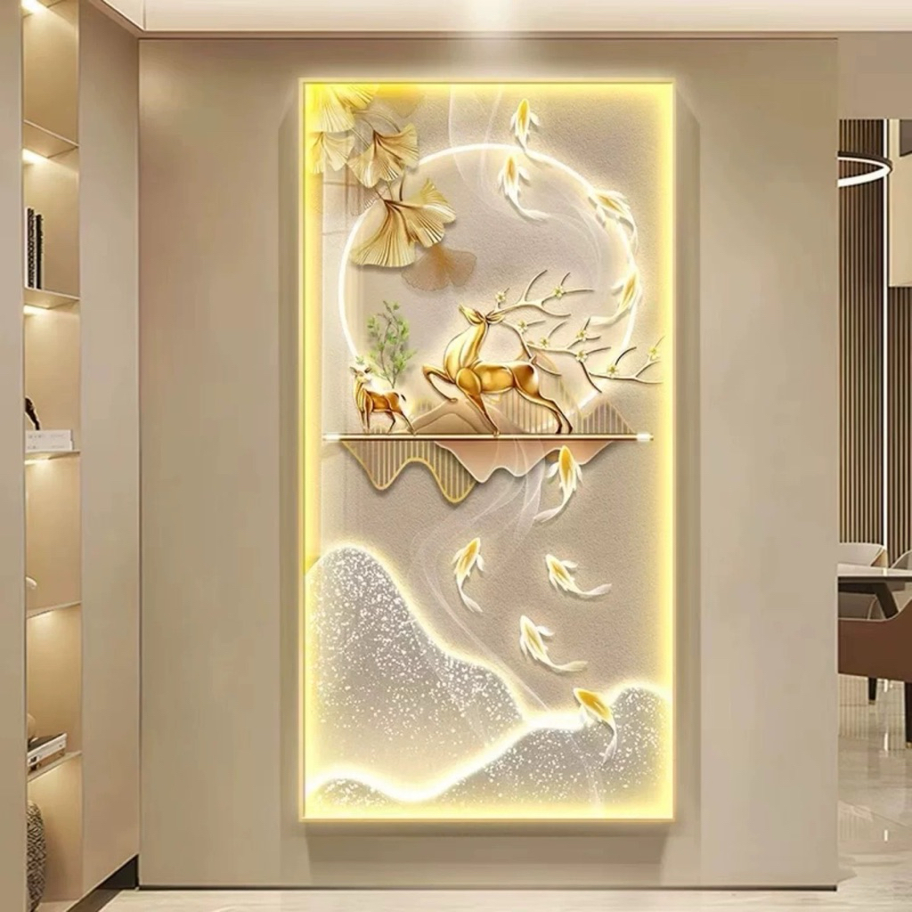 KOKOPAINTING Lukisan Porcelain Diamond Painting 5D Kristal LED Rusa Emas Modern Minimalis / Lukisan 