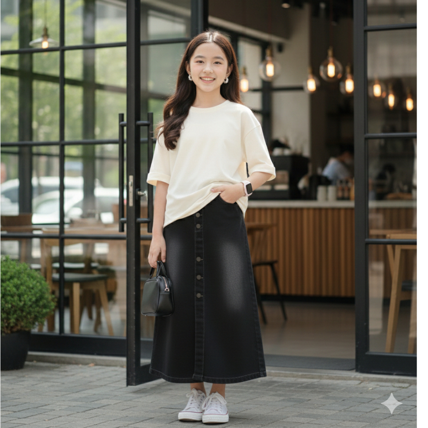 Rok A-Line Anak Jeans Full Kancing Belah Depan Lipat dan Rawis