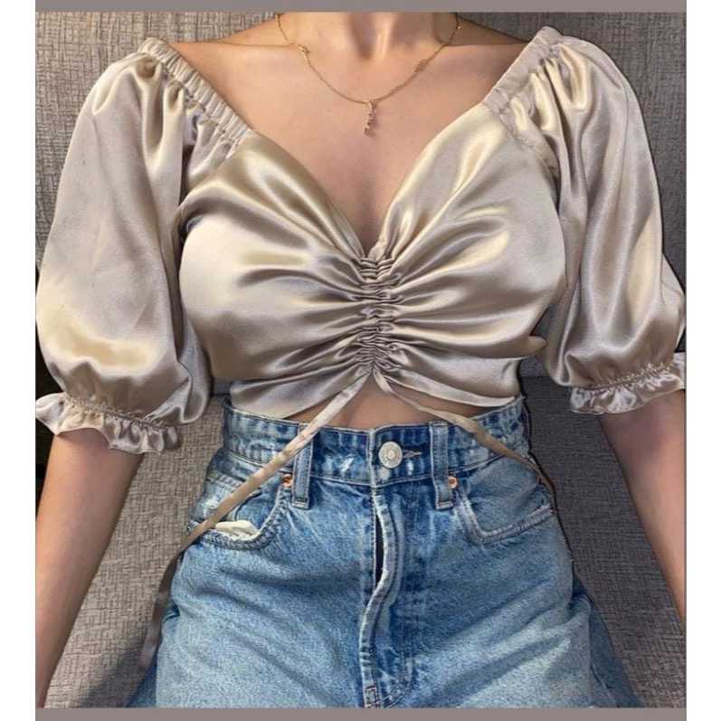 VEXANA - Crop Top  Wanita - Atasan Kaos Wanita Fashion Korea Bahan Satin silk