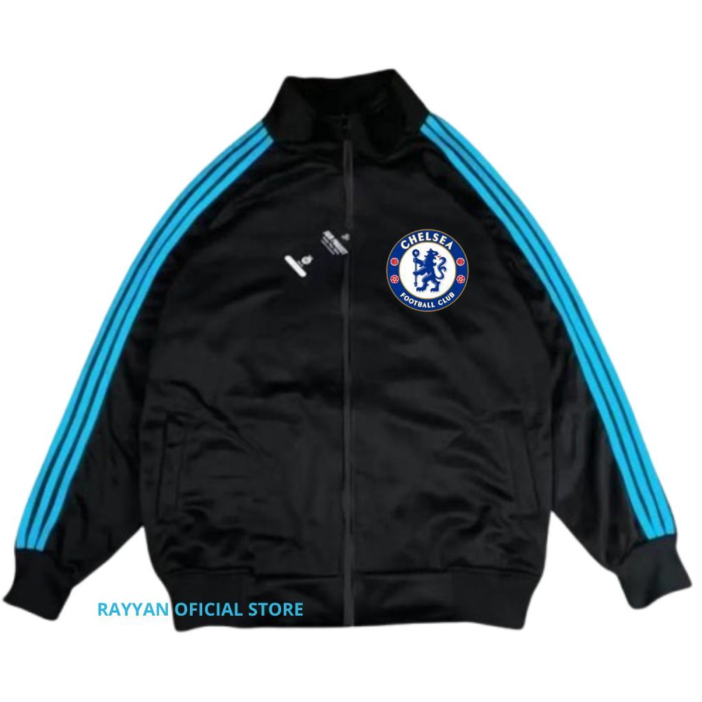 Chelsea Jacket Tracktop Unisex Footbal Club Top Eropa / Dunia Warna Hitam Motif List Tangan Biru Sz 