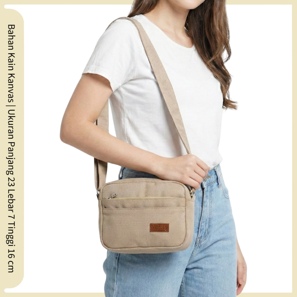 Tas Selempang Wanita KANVAS Premium Sling Bag Banyak Kantong Simple Elegan Casual Trendy Lokal