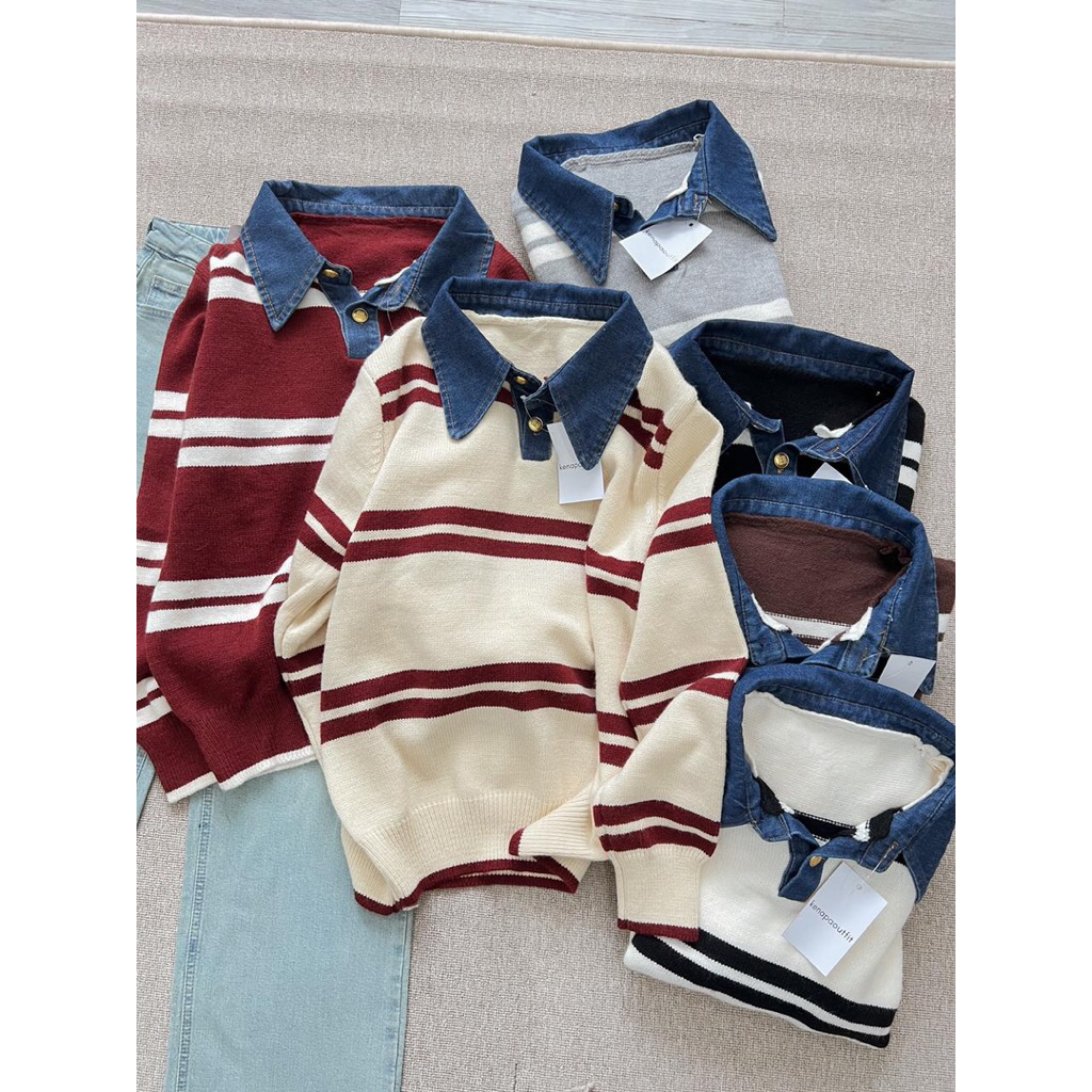 Sweater kerah sweater knit strip double sweatshirt wanita