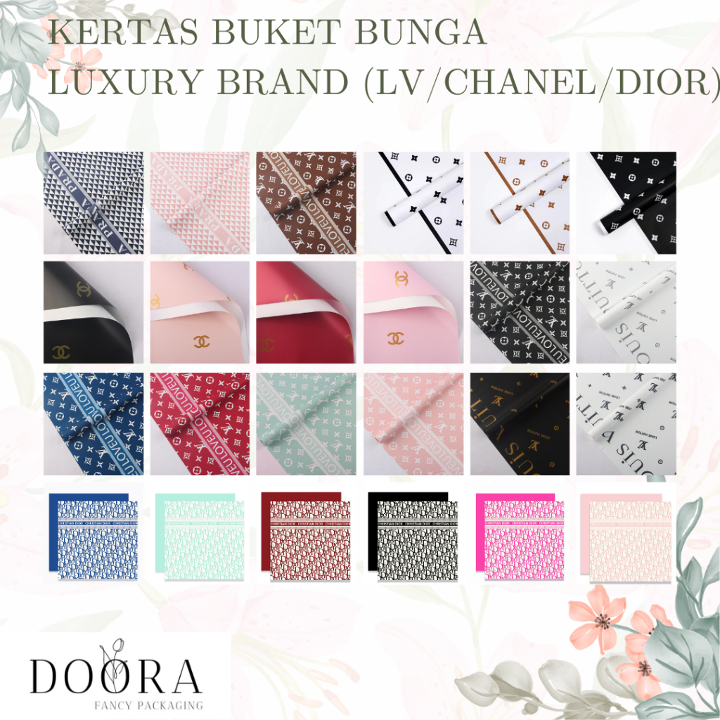 Kertas Cellophane Buket Bunga Luxury Branded Dior/LV/Channel Kertas Buket Bunga Motif Luxury