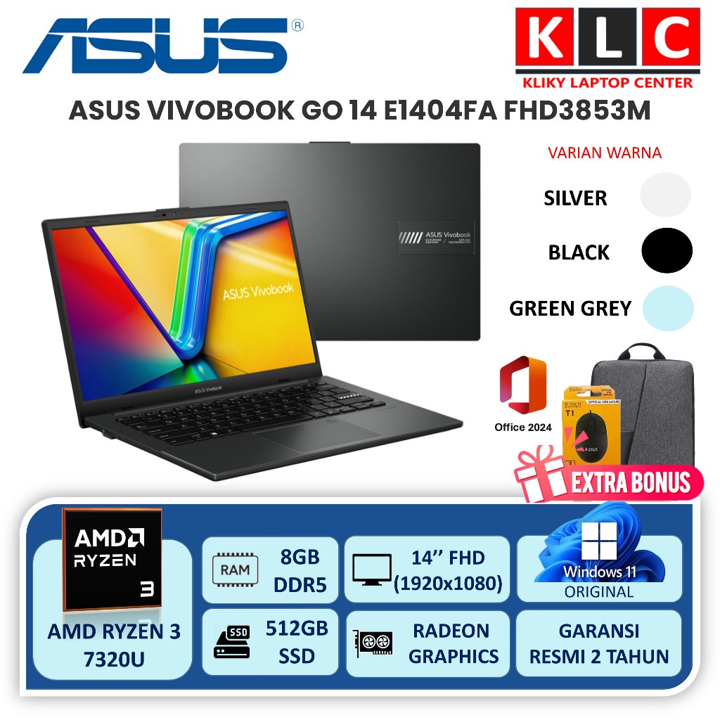 Laptop Slim ASUS VIVOBOOK GO 14 E1404FA AMD RYZEN 3 7320U 8GB DDR5 SSD 512GB Backlite Fingerprint