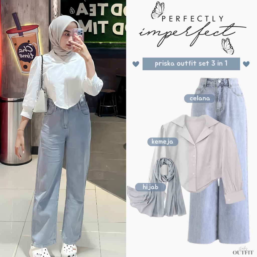 Outfit Wanita Kekinian ( Kemeja Puff + Celana Kulot Jeans + Hijab ) One set Hangout Casual - Priska