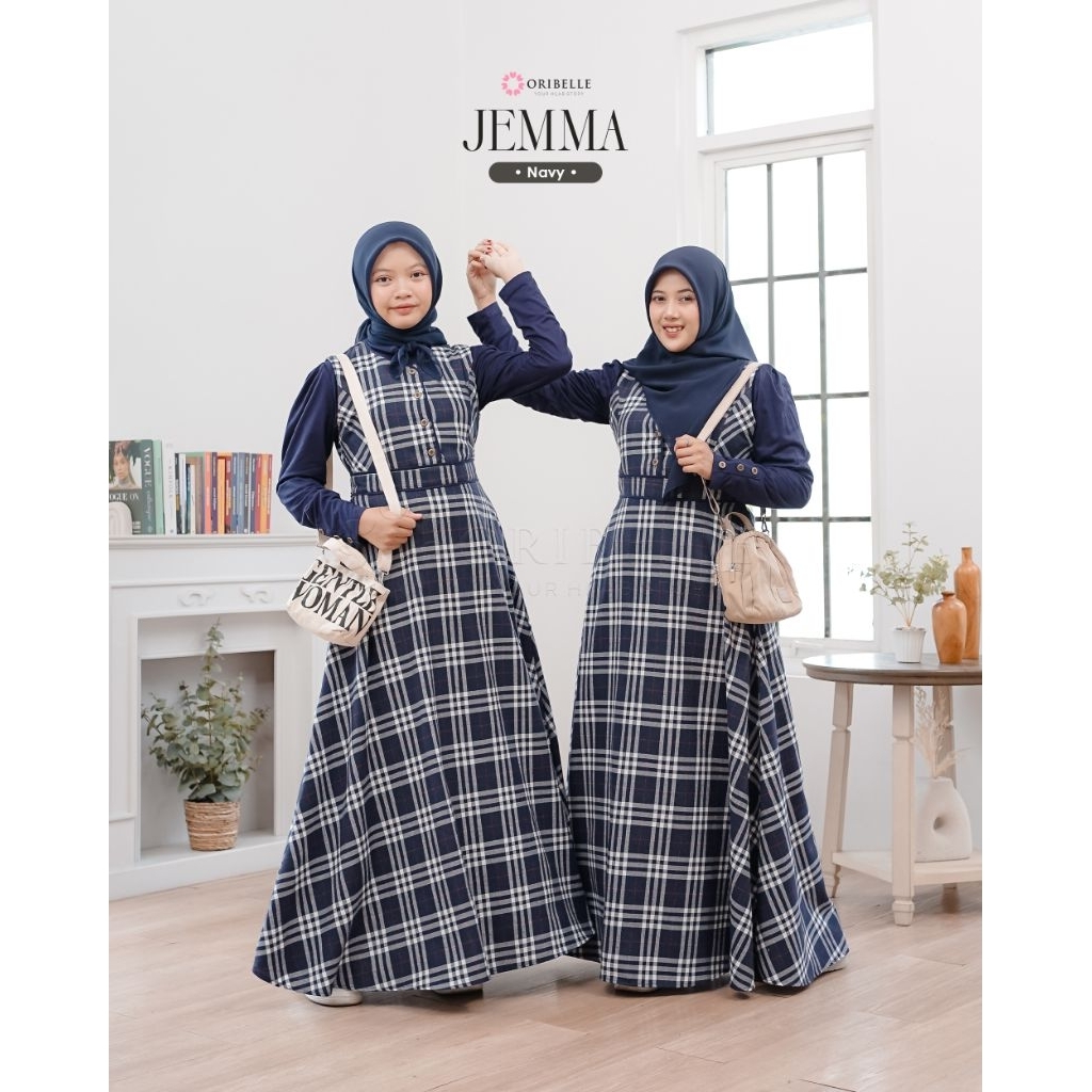 Oribelle Official Jemma Overall Dress Set Inner Motif Kotak Tartan Cotton Flannel Couple Ibu Anak