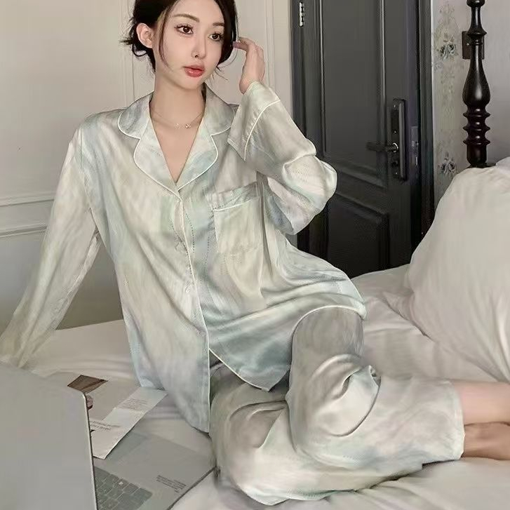 2025 Setelan Baju Tidur Piyama Sutra Es Gradien Lengan Panjang Piyama Celana Panjang