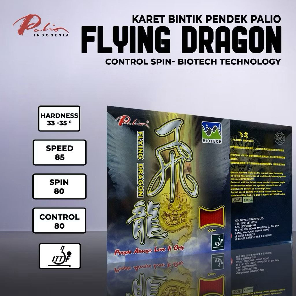 Karet Bet Pingpong Tenis Meja PALIO FLYING DRAGON Bintik Pendek Original