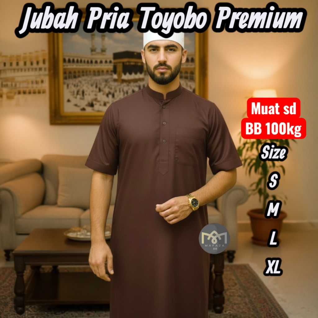 Gamis Jubah Muslim Pria TOYOBO PREMIUM ADEM Lengan Pendek Polos Sholat Umroh Lebaran Coklat Tua Cokl