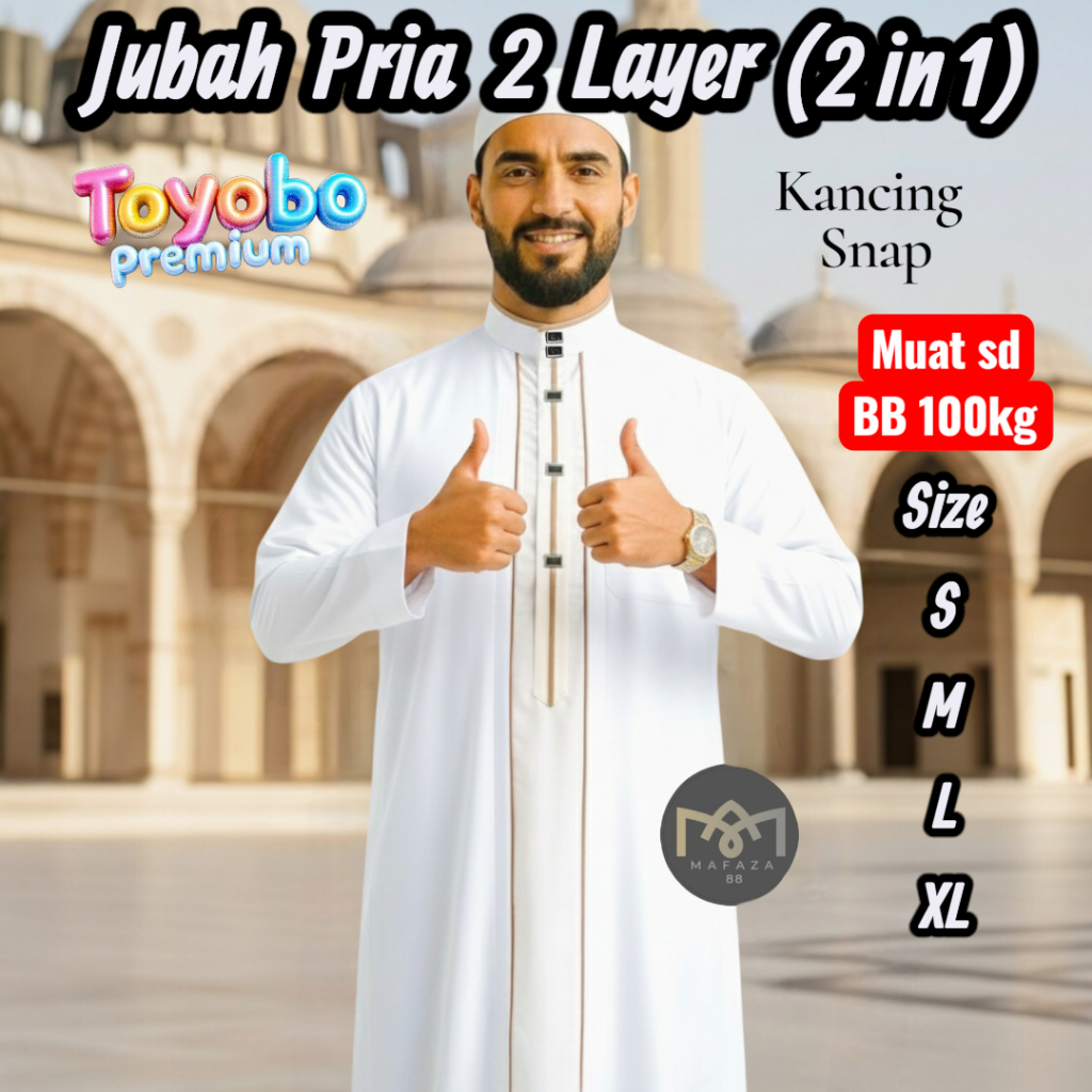 Jubah Gamis Pria Dewasa 2 Layer 2 in 1 TOYOBO PREMIUM ADEM Kancing Snap Impot Model Motif Haromain L