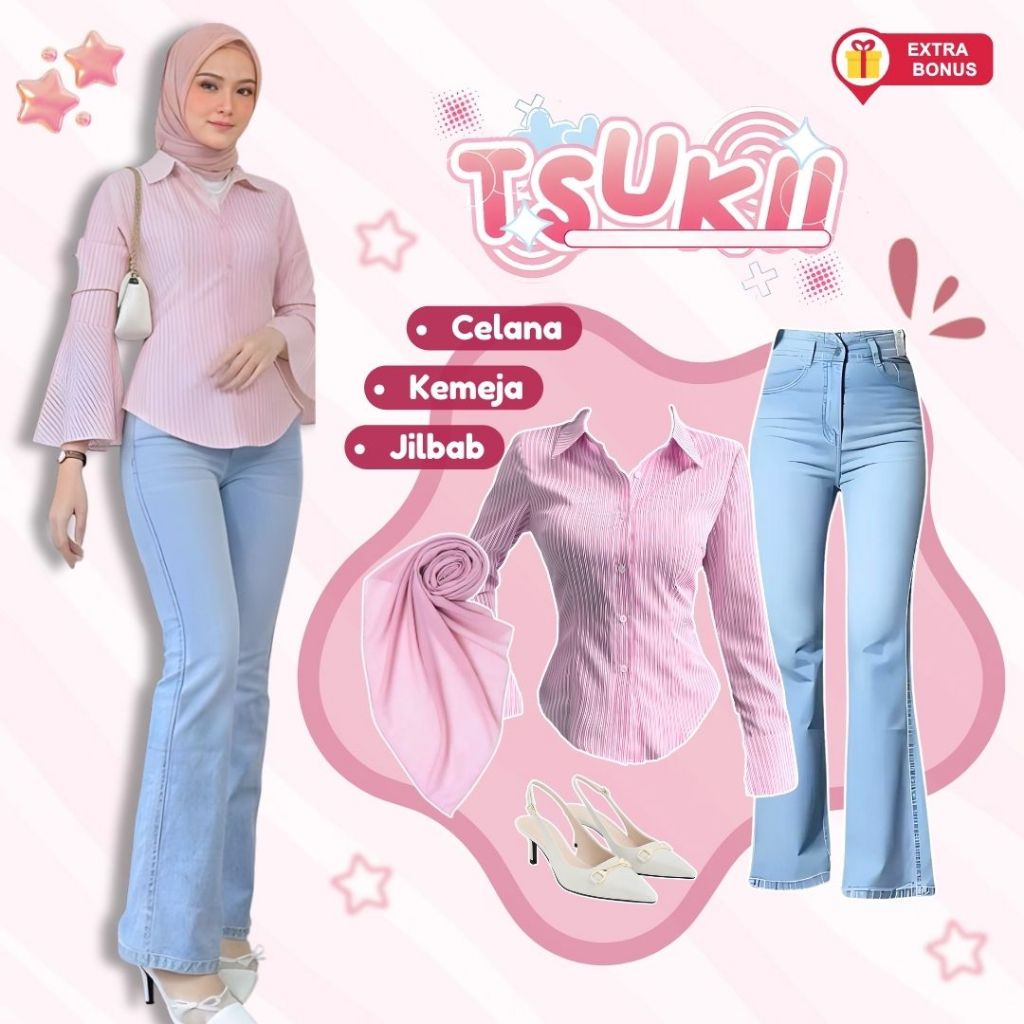 One Set 3in1 kemeja salur strip fit body fitted celana cutbray jeans hijab segi empat | outfit wanit