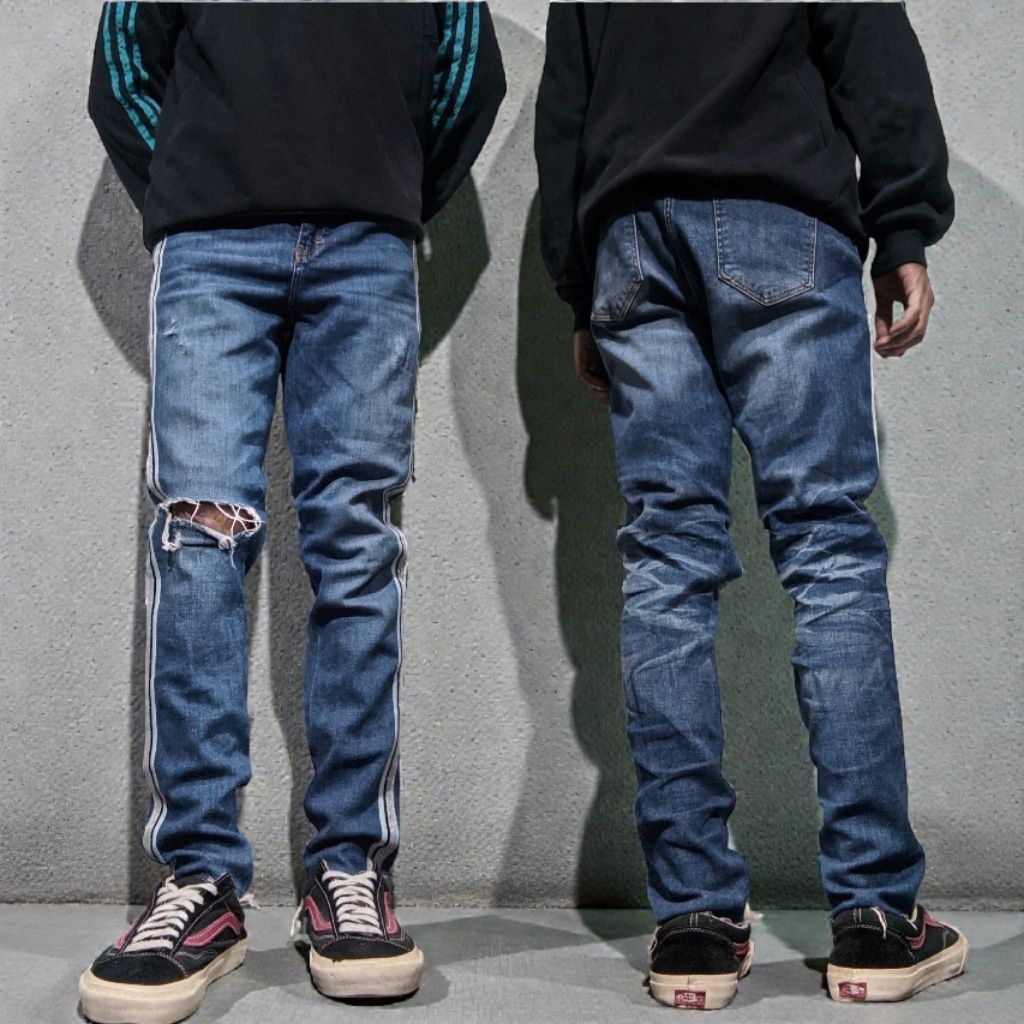 Size 27 Celana Panjang Longpants Zara Denim Side Stripe Blue Washed Fading Skinny fit Ripped Origina