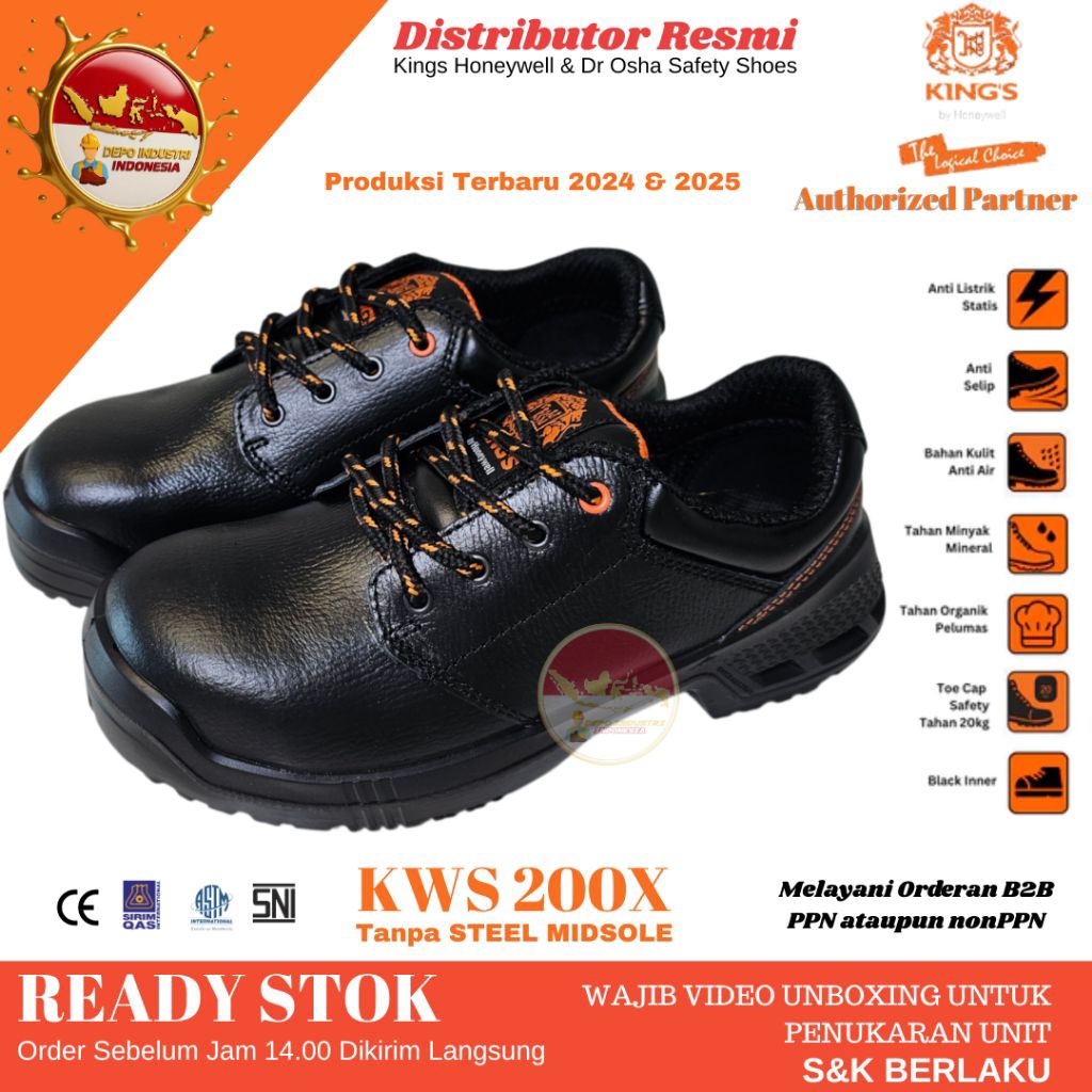 Sepatu Safety / Safety Shoes Kings Honeywell KWS 200X Pantofel Tali Steel Toe Cap (Tanpa Steel Midso