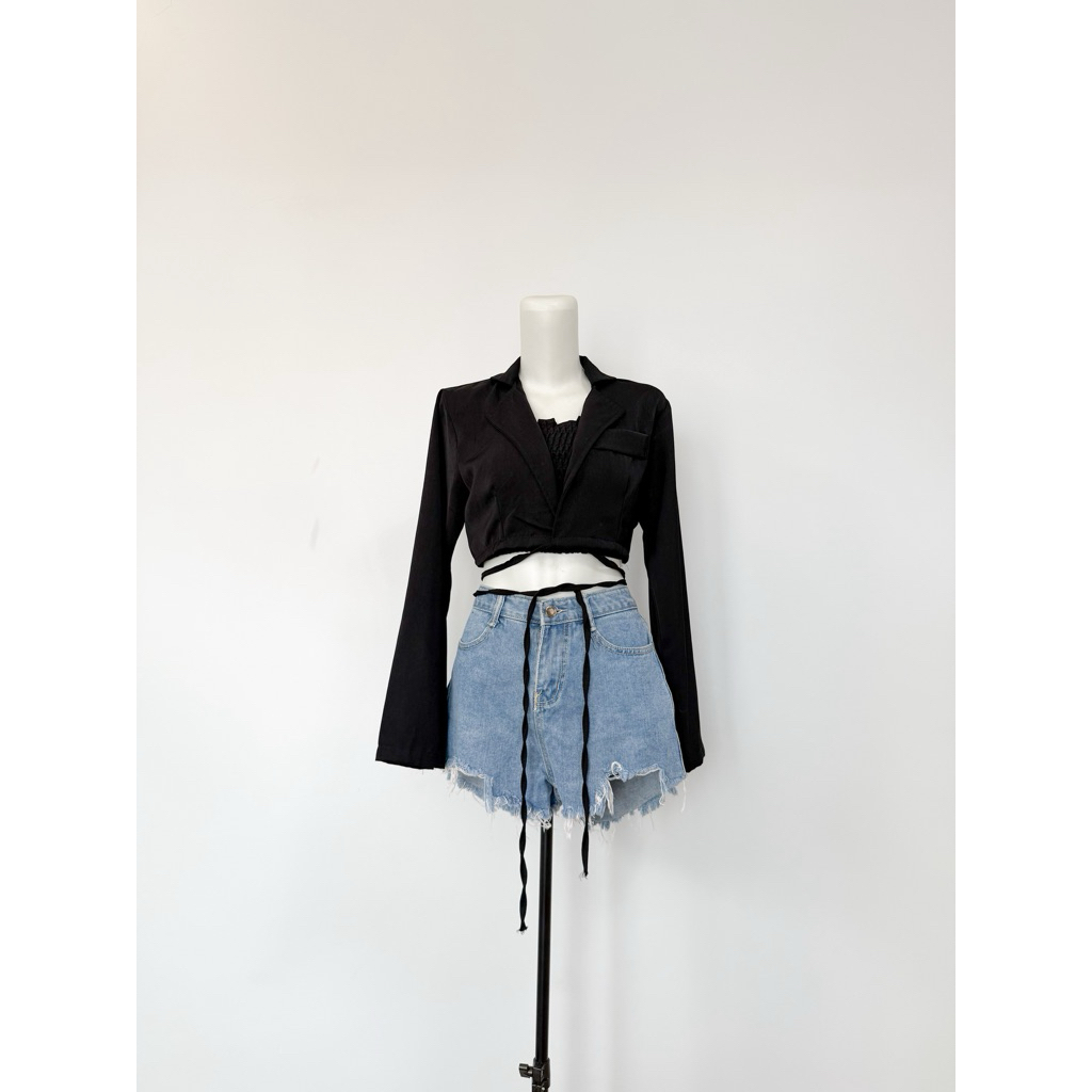 pl. blazer crop tali warna hitam