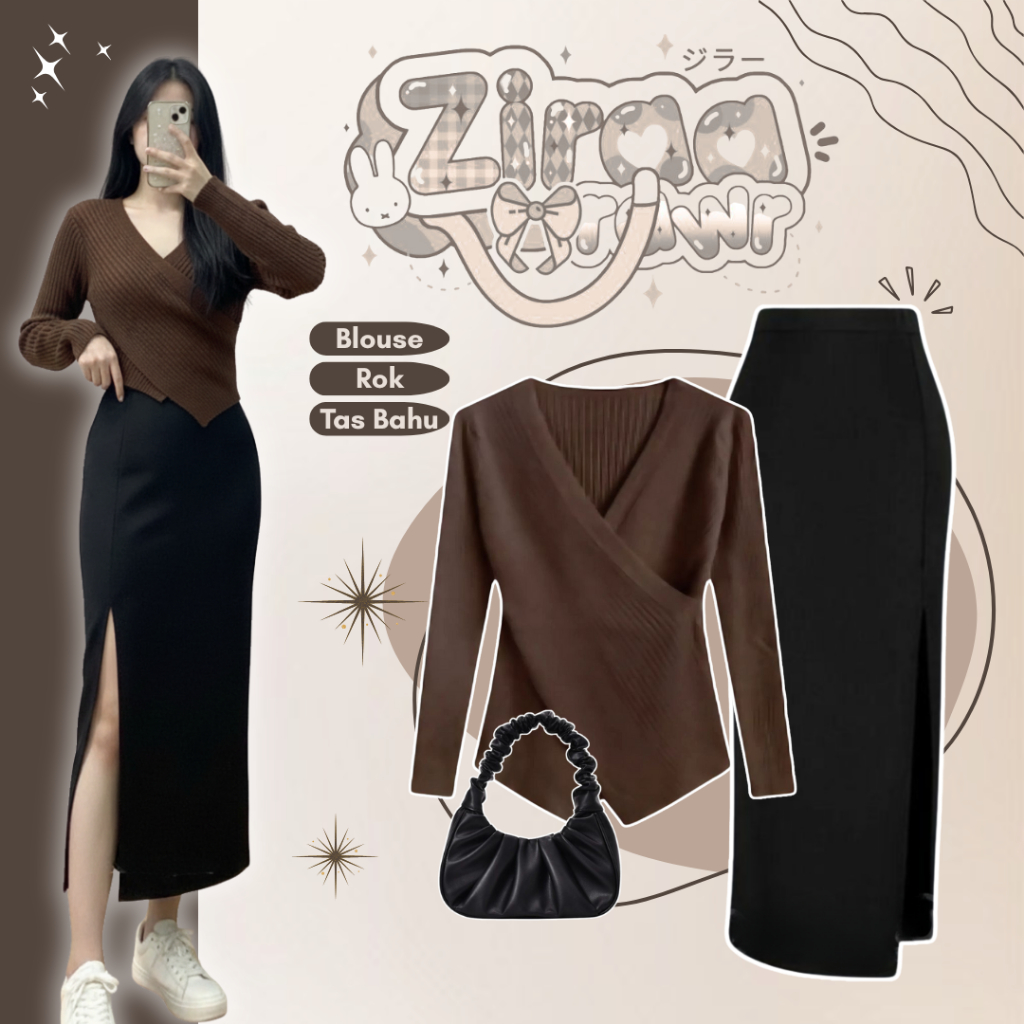 One Set Remaja Korean Look ( Blouse Rajut - Rok Span - Tas Bahu ) OOTD Kekinian Aesthetic |YW392