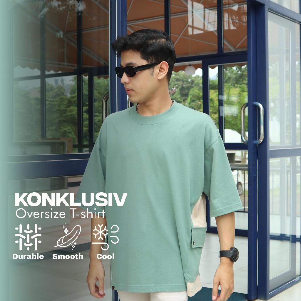 Konklusiv Kaos Oversize Pria Cotton Combed Hijau Krem Saku Samping