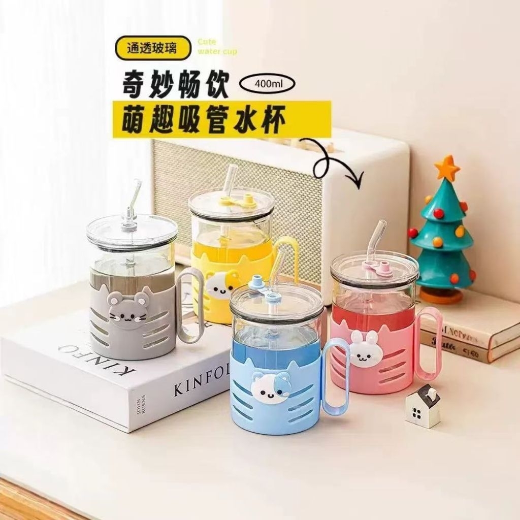 Gelas minum kaca gagang motif animal