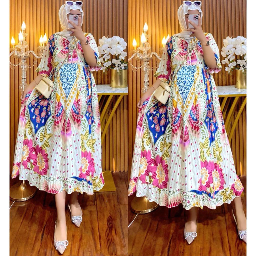 YULIA SADIYA MIDI DRESS RAYON LENGAN PENDEK LD 110CM BUSUI FRIENDLY // MIDI DRESS MOTIF // DASTER RA