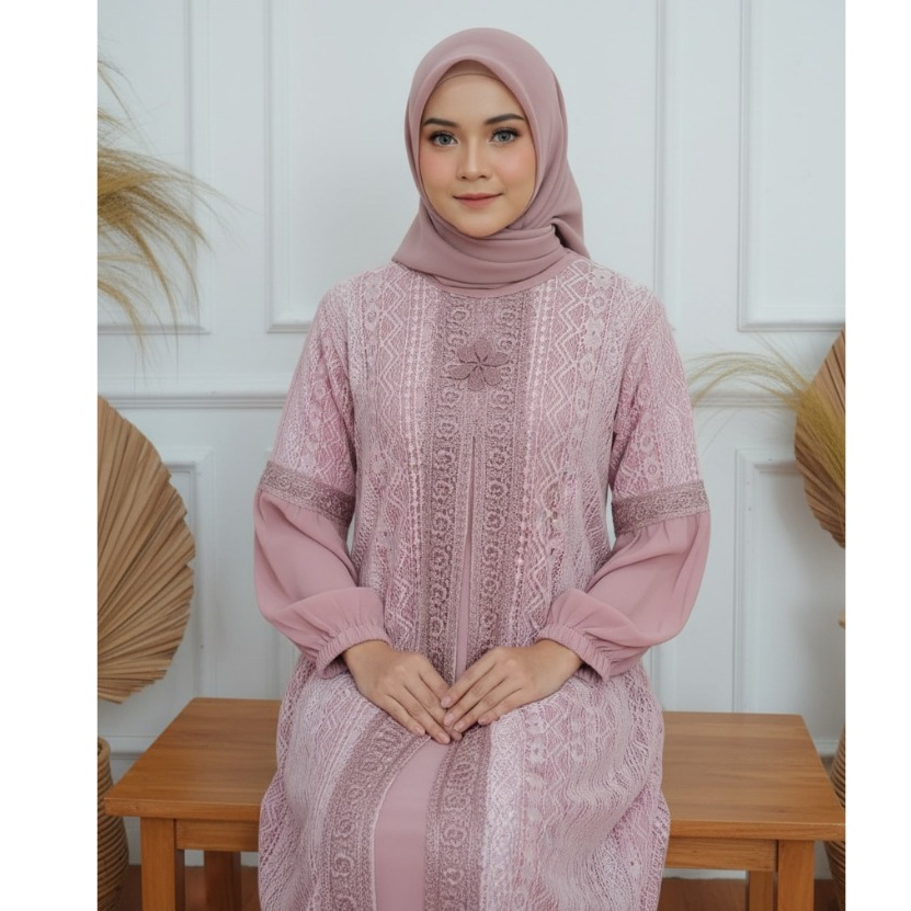 Dinara Daily Style ANJANI Gamis Ceruty Premium Mix Brokat Simple Mewah | Long Dress Wanita Adem Jatu