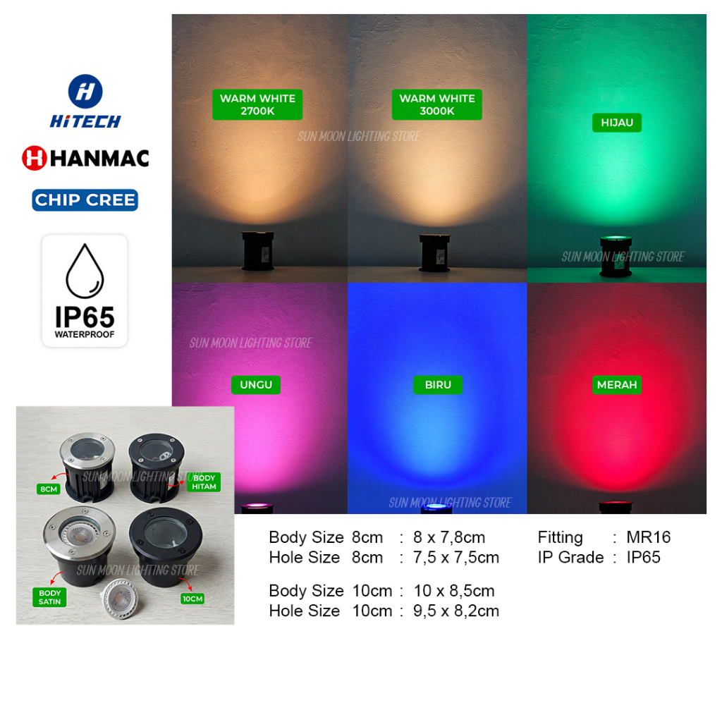 Lampu lantai taman sorot ip65 8cm 10cm + bohlam led 6w cree premium mr16 outdoor waterproof hitam sa