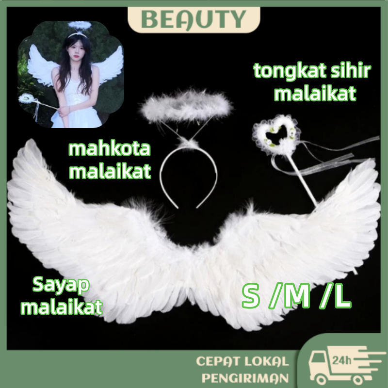 Sayap Malaikat Angel Tongkat Sihir Dan Ikat Kepala Malaikat Tiga Set Kostum Halloween Party Sayap