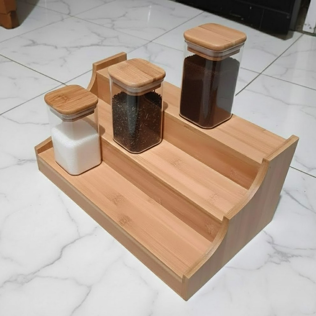 Rak Kara 3 Tier / Rak Bumbu Kayu 3 Tingkat / Rak Toples Bumbu Dapur Estetik