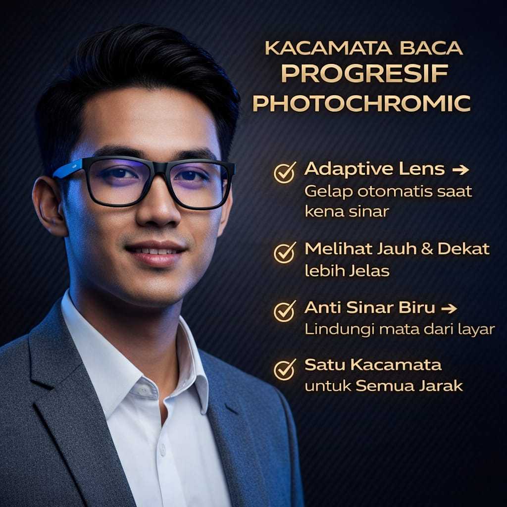 Kacamata Progresif Photochromic Baca & Jalan Pria Wanita Frame Kotak Besar Kaca Mata Plus Blueray