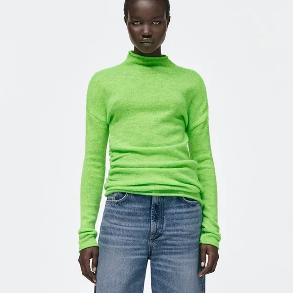 Zara Neon Green Asymmetric Mock Neck Knit Sweater High Neck
