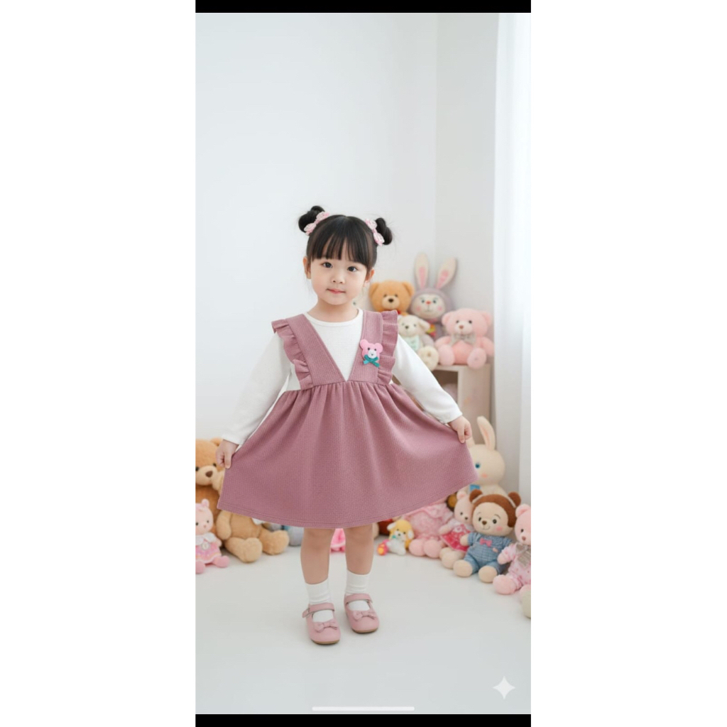 NarayaKids Dress waffle anak dengan rempel / v neck mulai 6 bulan sampai 3 tahun