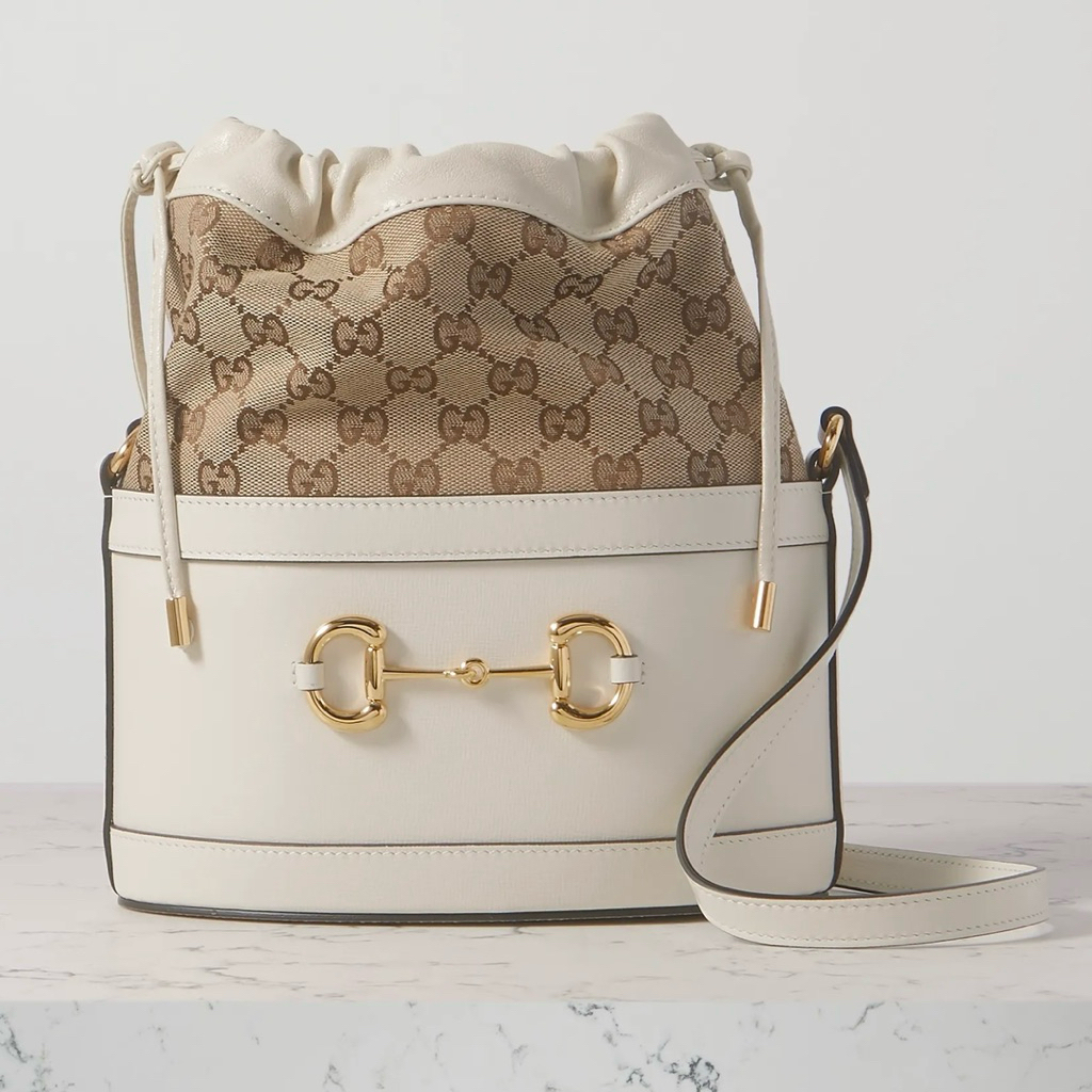 GUCCI Horsebit 1955 Bucket Shoulder Crossbody Bag in GG Canvas and Leather