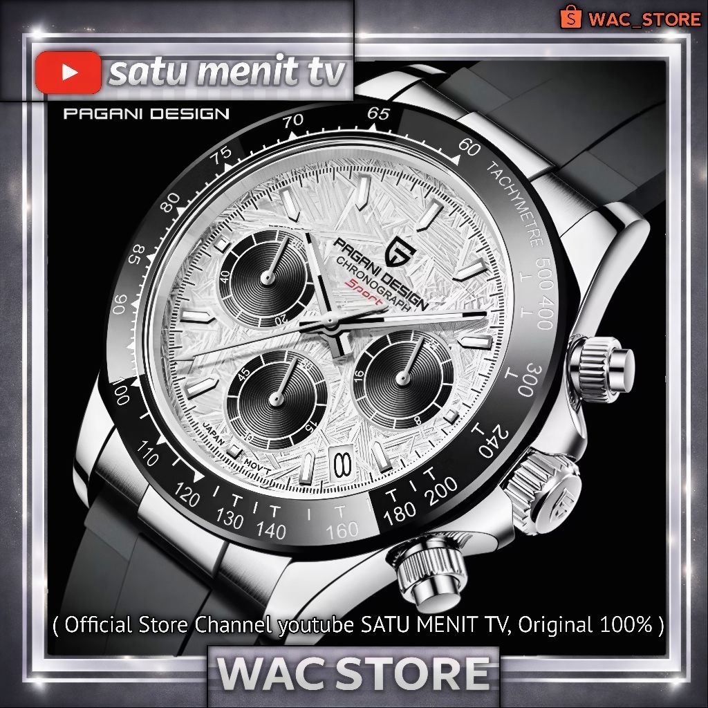JAM TANGAN NEW PAGANI DESIGN DAYTONA SILVER METEORITE TEKSTUR DIAL SAFIR GLASS +  AR COATING SEIKO V