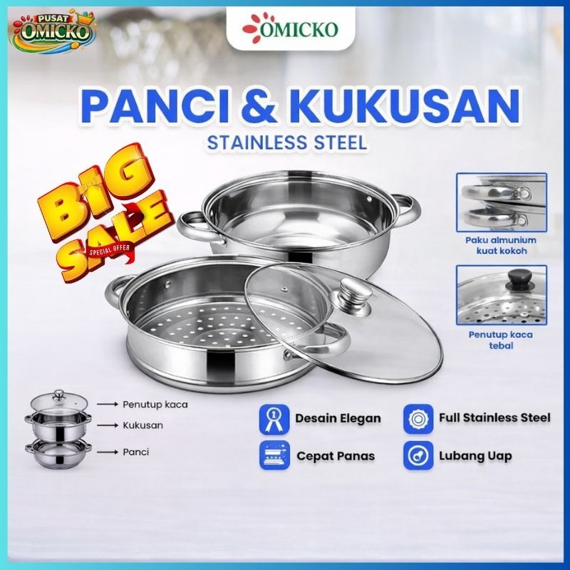Panci Kukusan Stainless Steel Omicko – Set Panci + Kukusan Tutup Kaca Anti Karat