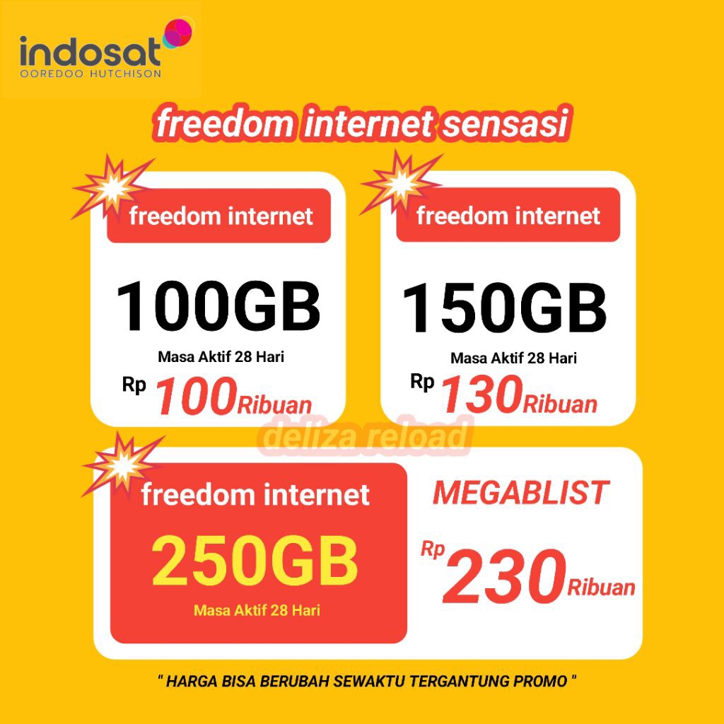 KUOTA INDOSAT FREEDOM INTERNET SENSASI 100GB 150GB 250GB 28HARI