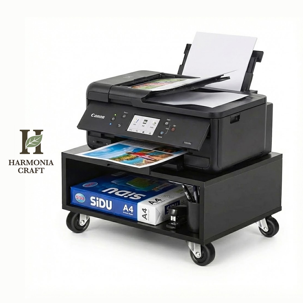Harmonia Rak Printer Minimalis Besi Kayu Meja Printer Serbaguna 2 Tingkat Roda Meja Laptop Stand Pri