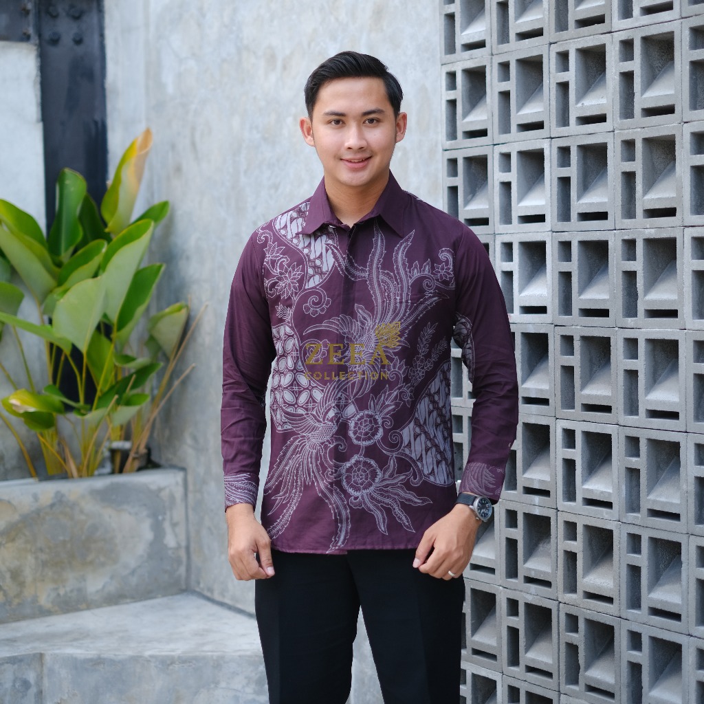 baju batik pria atasan formal lengan panjang slimfit warna ungu - kemeja anak muda bahan katun