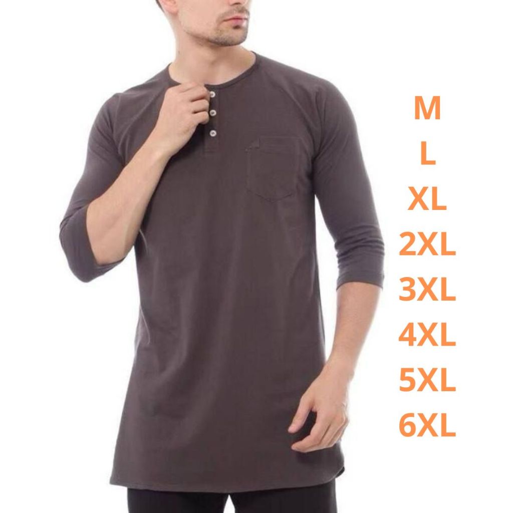 Koko Kaos Pria Lengan 3/4 Model Kurta | Baju Muslim Casual | Adem & Nyaman | Big Size M–7XL