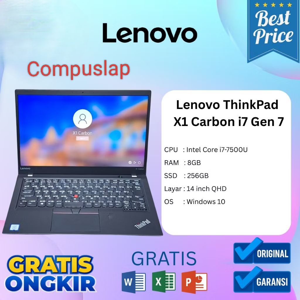 Laptop Lenovo ThinkPad X1 Carbon i7 Gen 7, Intel core i7-7500U, RAM 8GB, SSD 256GB, Layar 14 inch QH