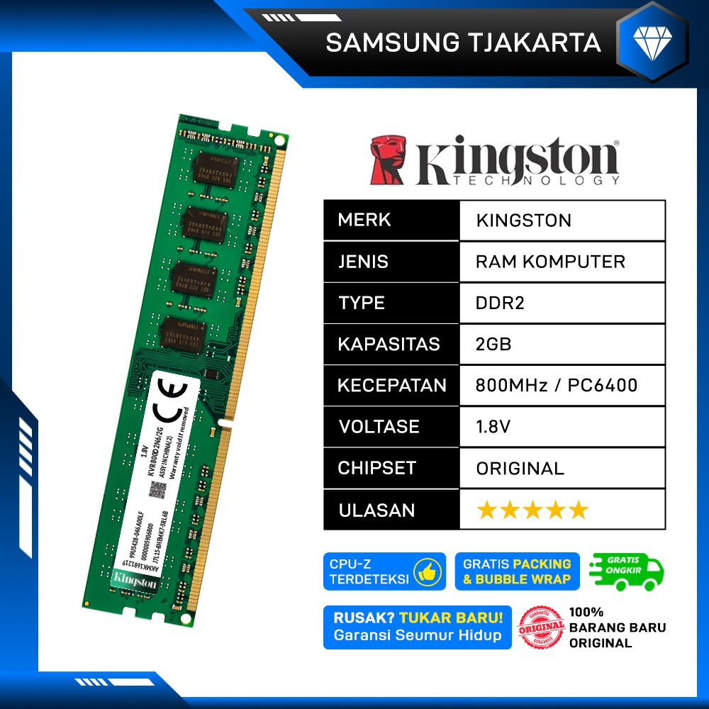RAM PC KINGSTON DDR2 2GB 800MHz PC 6400 1.8v ORI RAM KOMPUTER DDR2 2GB LONGDIMM