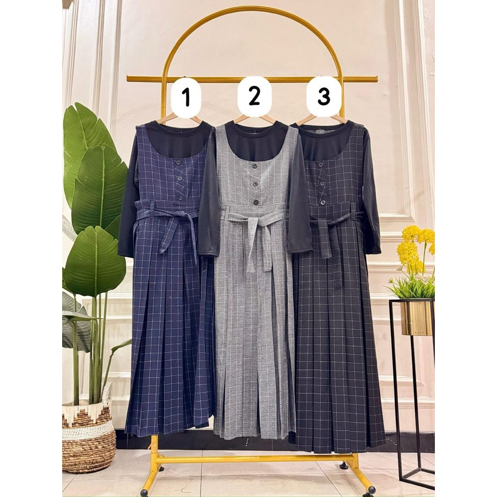 OVERALL DRESS KOTAK KOTAK OVERALL PANJANG WANITA INNER LENGAN PANJANG HITAM