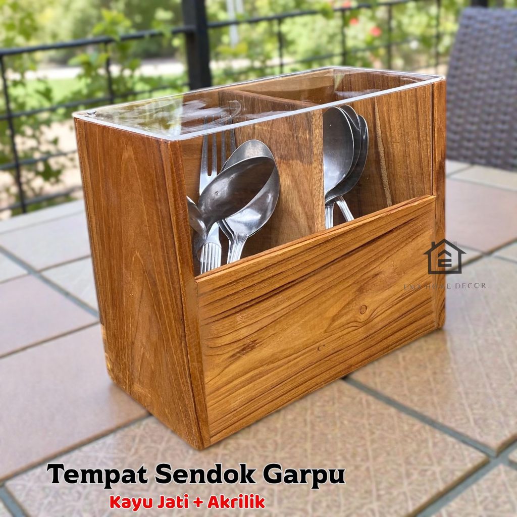 Tempat Sendok Garpu Kayu Jati 2 Sekat Dengan Tutup Akrilik Cutlery Holder