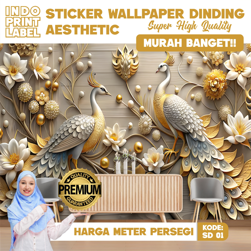 Stiker Burung Merak 3D Wallpaper Dinding Merak 3D Hiasan Dinding Mewah Tinggal Di Pasang/stiker dind