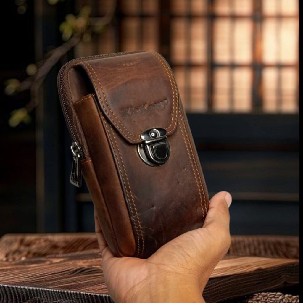 Dompet Hp Pinggang Pria Dobel Slot Kulit Asli Crazy Horse