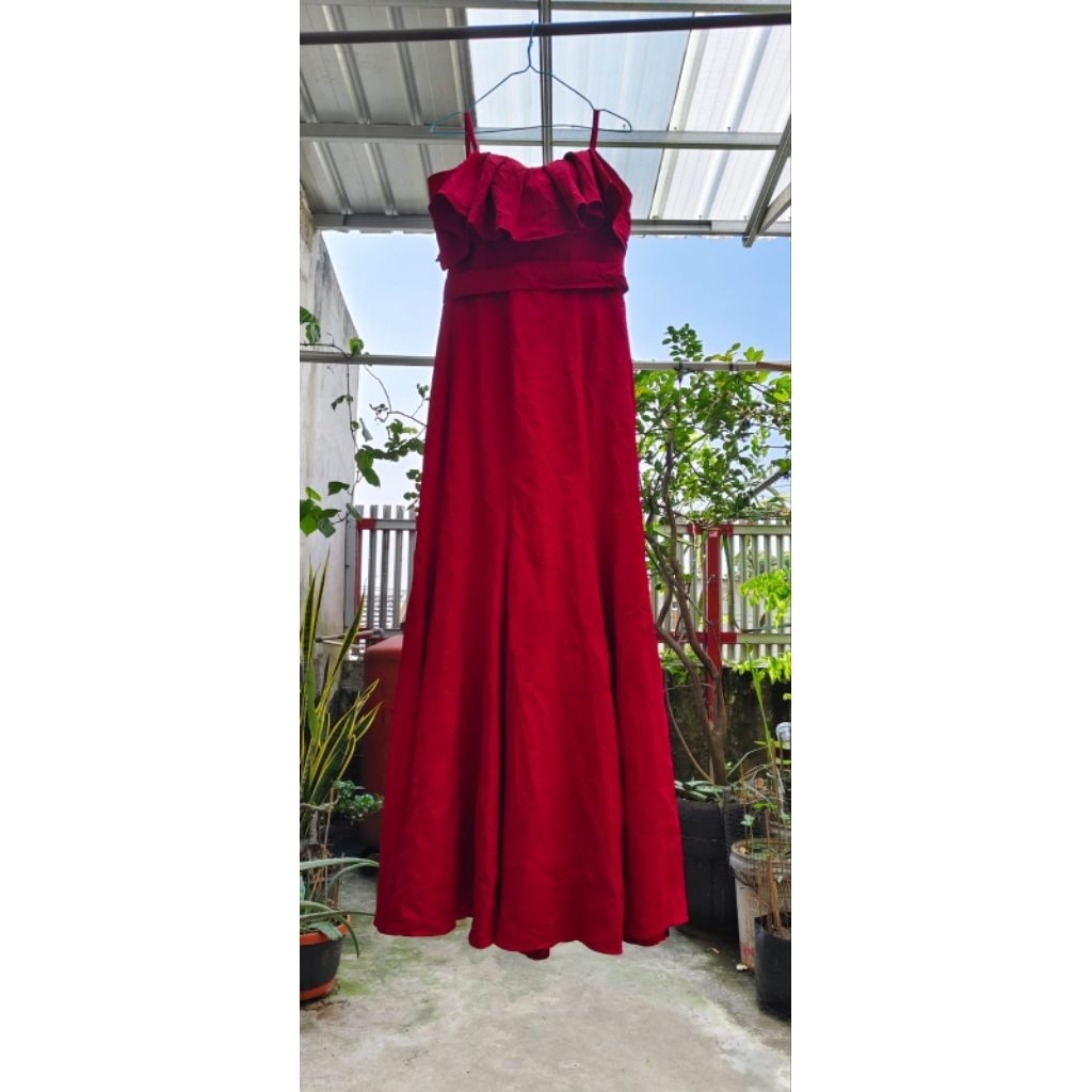 Gaun/Dress Pesta Press Body Duyung Merah Marun Lengan Sabrina Bahan Tebal Adem (tulang") - Prom - Pe