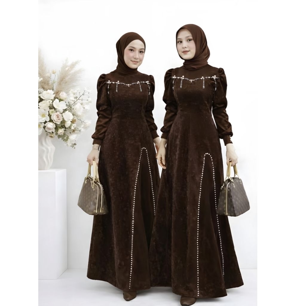 Gamis Dewasa Aglowtya Size M-XXL Fashion Muslim Wanita Duyung Mermaid Brukat Tile Mutiara Satin Velv