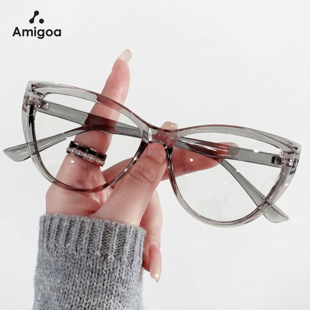 AMIGOA Kacamata Cat Eyes Wanita Transparent Frame Anti Cahaya Biru Kacamata Outdoor Kacamata Pelindu