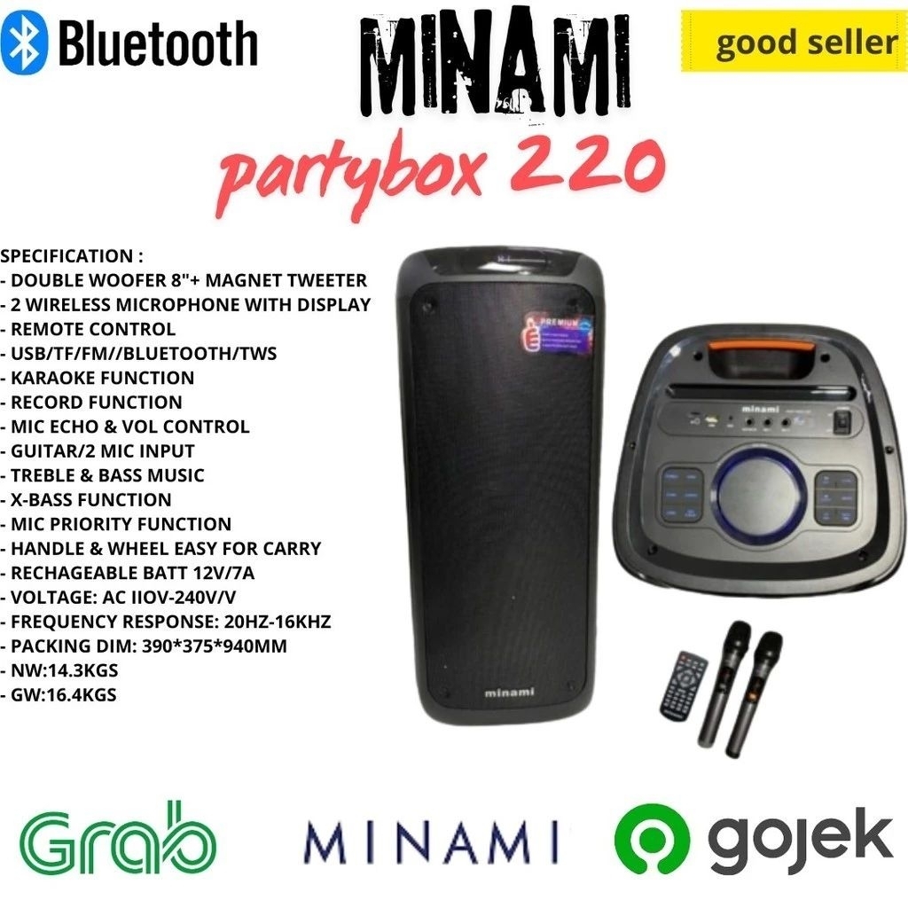 Minami Speaker Aktif Partybox 220 free mic wireless 2x