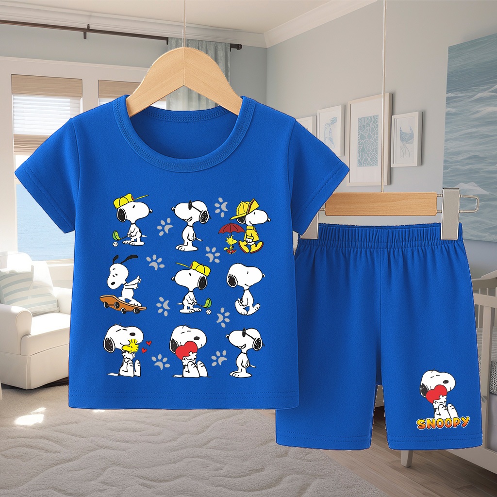 Baju Anak Gamba Snoopy Setelan Pendek Anak Cewek Cowok Usia 1-10 Tahun