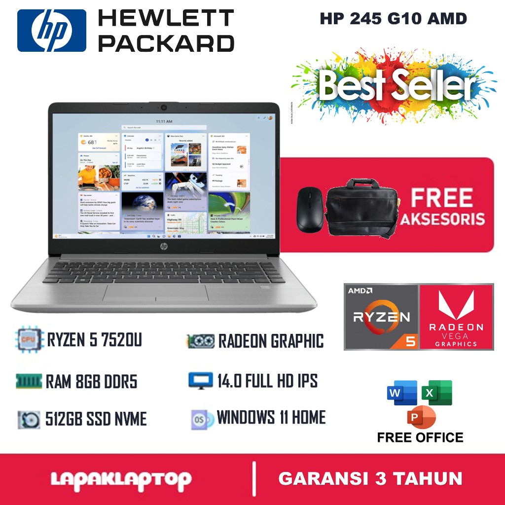 Laptop HP 245 G10 Ryzen 5 7520U | RAM 8GB | SSD NVMe 512GB | 14” FHD | Fingerprint | Win 11